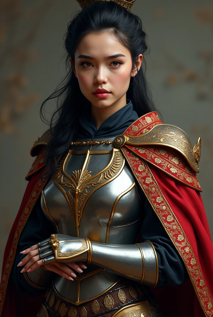 photo of aishw serious look pressed lips, black updo, steel armor and robes cape royalty ornate embroidery, 4k, 8k, high quality, high detailed, professional artwork, ultra realistic, photorealistic, photography, dslr,