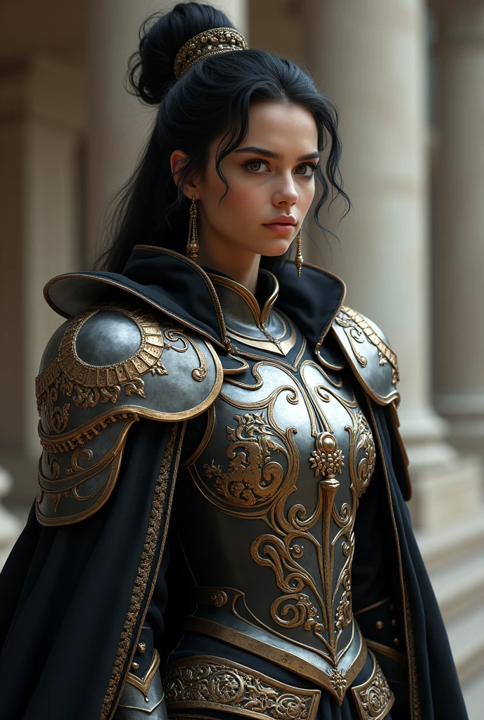 photo of aishw serious look pressed lips, black updo, steel armor and robes cape royalty ornate embroidery, 4k, 8k, high quality, high detailed, professional artwork, ultra realistic, photorealistic, photography, dslr,
