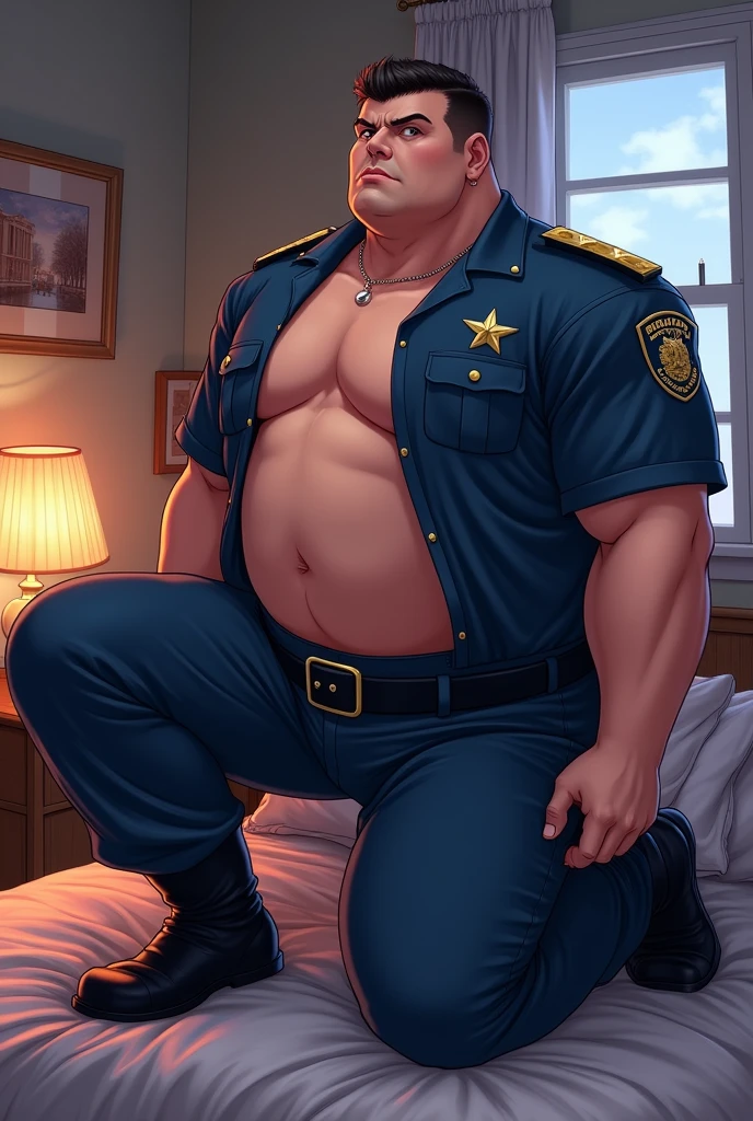 Solo, male, brown wolf, fat, overweight anthro, big spike brown hair, wearing blue color masquerade mask, (masked), (solo: 1.1), (detailed: 1.1), (masterpiece: 1.1), looking at viewer, licking lips, evil expression, police uniform, (blue police uniform: 1.1), (pants_down), golden shoes, (shoes: 1.0), smirking, erect penis, ( erect penis wearing a condom), front view, full-body view, at a back alley, by Chunie