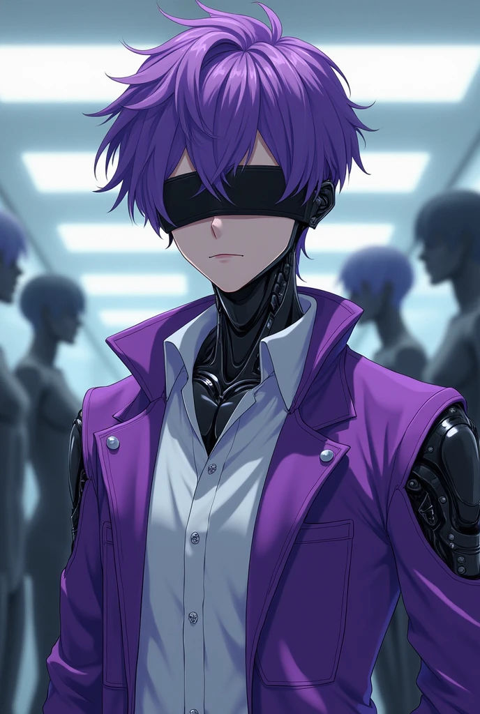 Make me a male anime character, a robot human with eyes covered with black cloth, purple hair, wearing a white shirt, purple jacket And the view of all bodies