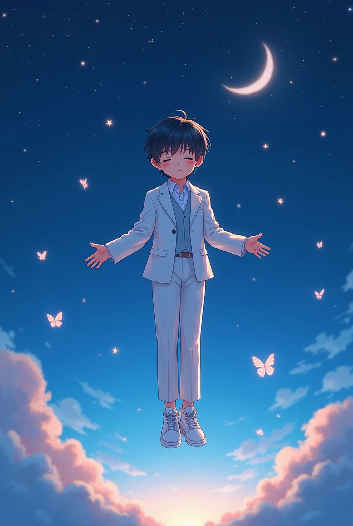 cute little anime boy, full bodyshot black, up in the starry sky, white suit , black hair, ((freckles)), closed eyes, (levitating), glass shoes, crescent moon, nighttime, light particles, dreamy, psychedelic, artistic, butterflies, (masterpiece:1.2), (highly detailed:1.2), 8k, best quality