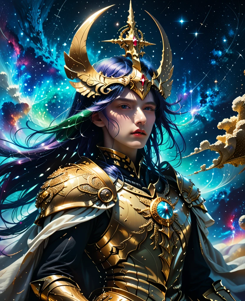 Saint Seiya,Gold Armor,movie light,ralistic,highly detailed,bright, universe, nebula, detailed, hyper realistic, clean background trending, bright background, high on details,8k --niji 5 --style expressive --s 400