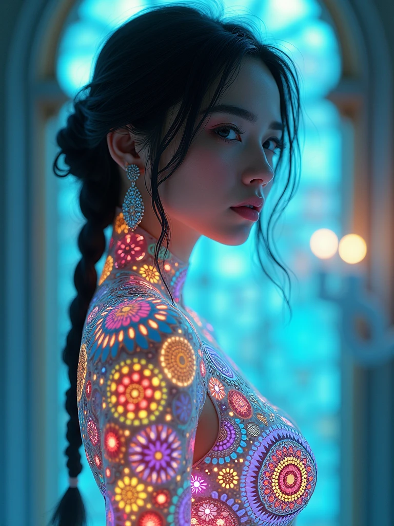 (masterpiece, Highest quality), 8k,(((Very detailed))), Race:1.8,Super intricate Race pattern,colorful Race pattern,Stained glass background transparent body, Mandala,light up,cold, 1 female,Open Back,(Short hair braided on the left, Perfect Face, White Latina、A few Asian elements),
