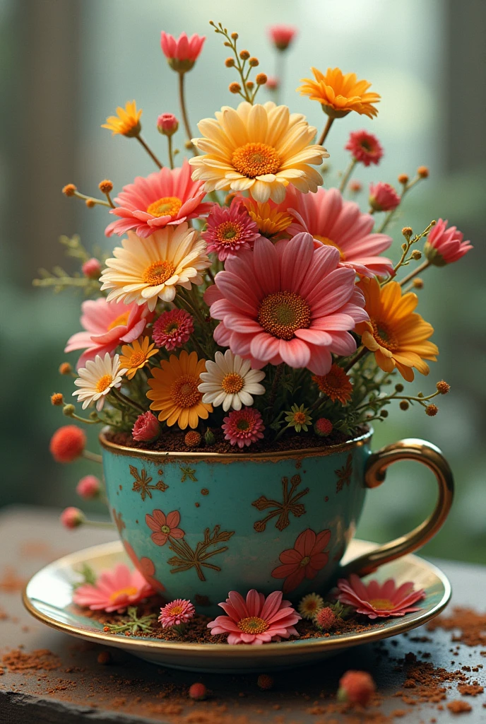 Overflowing of coffee in the cup designed by flowers in the cup not in a coffee