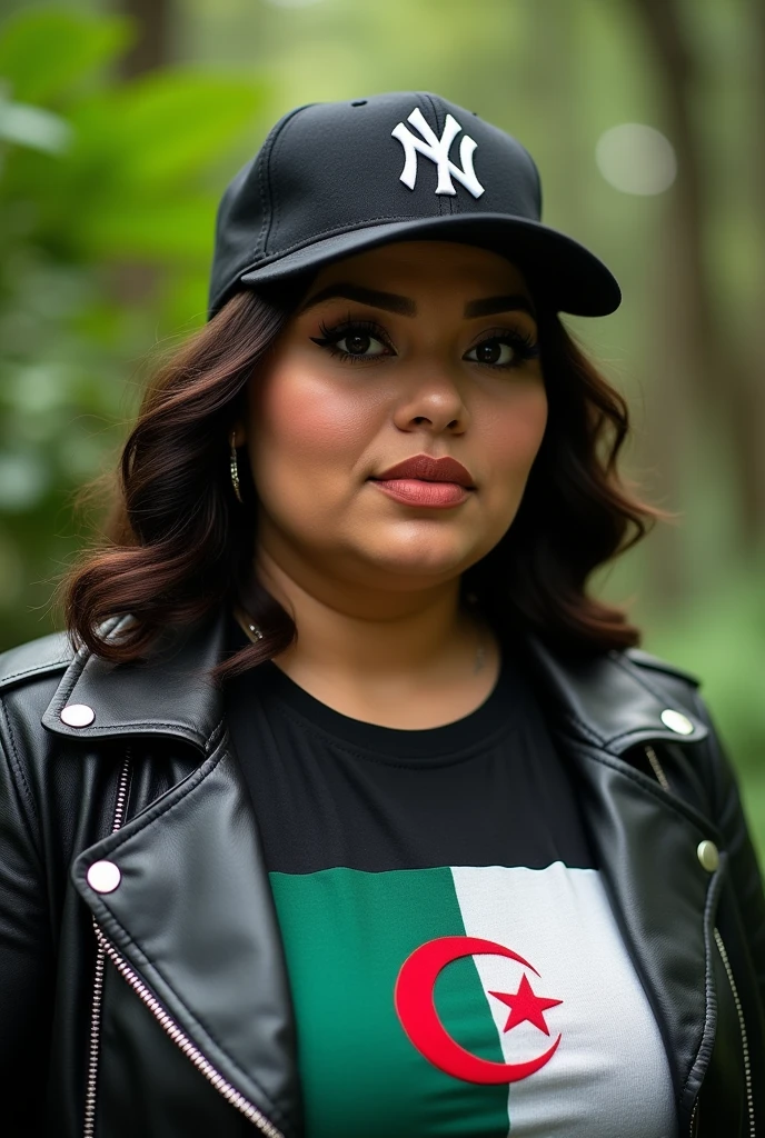 Close up, attractive, plump woman . Wearing a black leather coat, Gorra ny yankees team 9fifty, a t-shirt with the Algerian flag detailed and tailored in green and white, green nature background