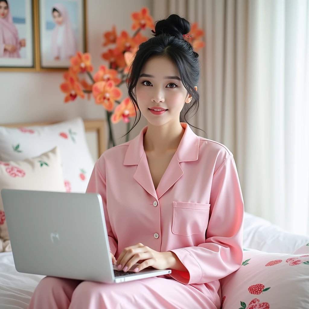 Beautiful Korean Women , smooth white skin, well-groomed face,black hair, bun up Korean style, wearing long pink pajamas , strawberry fruit motif ,posing sitting on a luxurious bed, santi logo motif pillow, eyes looking at camera,smiled faintly, while holding an iPhone laptop,bright white room color, Background, very luxurious room ,there is a display of photos of beautiful girls wearing pink hijab, orange red orchid flower. 
