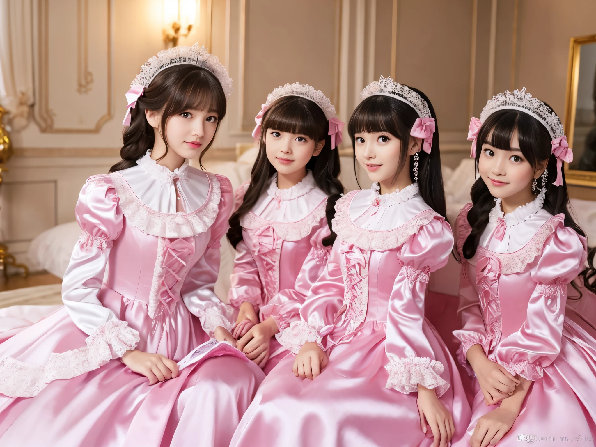 ,highest quality, masterpiece, highest resolution, artwork, super それにget used to it, many get used to it, get used to it, それにget used to it, 3k realistic pictures,,((early age littUltra-detailed juvenile face,three are princesses,full length ball gown dress with hoop skirt,ruffled yoke collar,puff sleeves,long sleeve,((Lolita style honk detailed princess satin dress with lots of ruffles and ribbons)),Rococo style lolita fashion,shintin dress,Soft and smooth fabric,luxury,long hear,japanese girls,Pajama,((in the bedroom)),luxury princess canopy frilled bed,super detailed bed,they are lying on the bed,High-quality background,