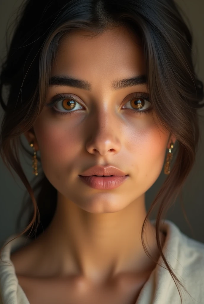 Punjabi girl with shiny brown eyes and no makeup and with side hairstyle