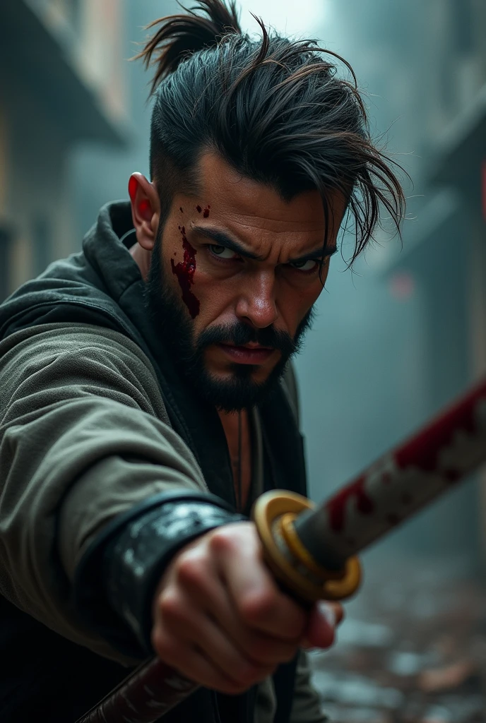 A brunette man with fade stylish hair with katana sword blood on his body and face