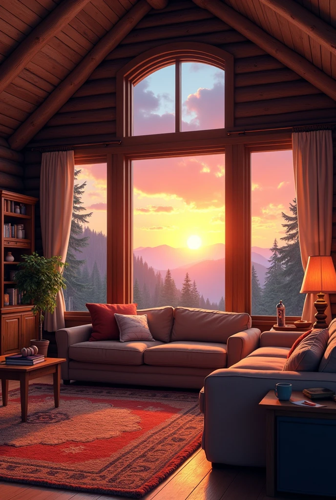 Cabin interior scene with windows to the sunset