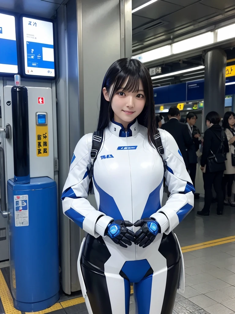 Japanese female android,Black Hair,White and blue robot suit,Plump,Waiting for the train on the platform at Shinjuku Station,smile