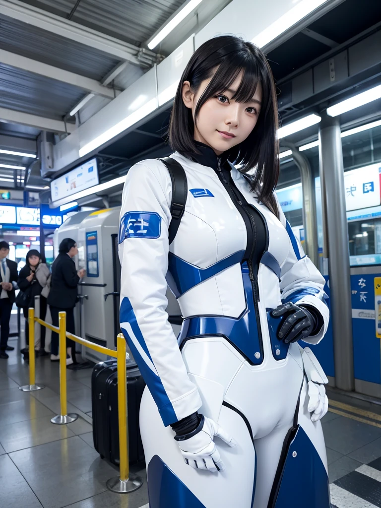 Japanese female android,Black Hair,White and blue robot suit,Plump,Waiting for the train on the platform at Shinjuku Station,smile