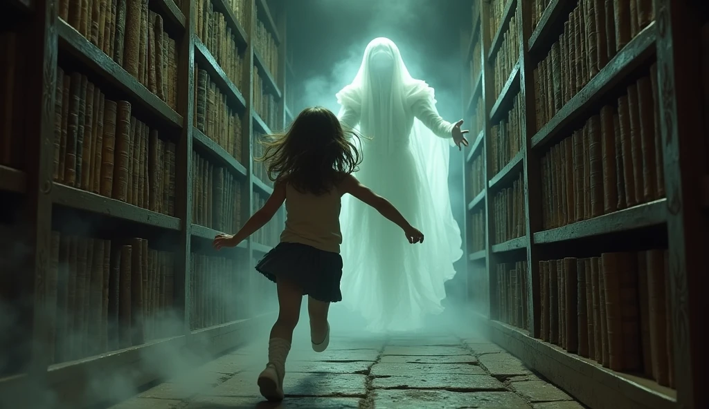 The young girl dashes through a narrow passageway lined with ancient tomes, the walls closing in as the ghost, now more aggressive, chases her, its spectral hand almost touching her shoulder