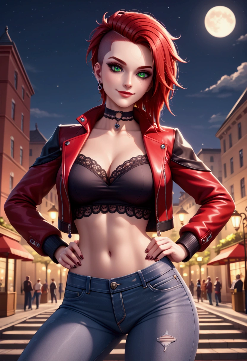 ((large and drooping breasts)) ((1 girl with a mischievous smile)) ((hot and sexy)) ((red hair punk bob style)), greeneyes, slickedback hair, extremely sexy body, choker, (((wearing a top to the elegant bottom of the jacket, bold lace top, Shorts jeans curtos))), (best qualityer, ultra detali, photorrealistic: 1.37) extremely detaild, hyper detailled, (((face perfect)), soft lighting, ((best qualityer)), dynamic pose, pose sexy, cute and sexy expression , in the square park, at night