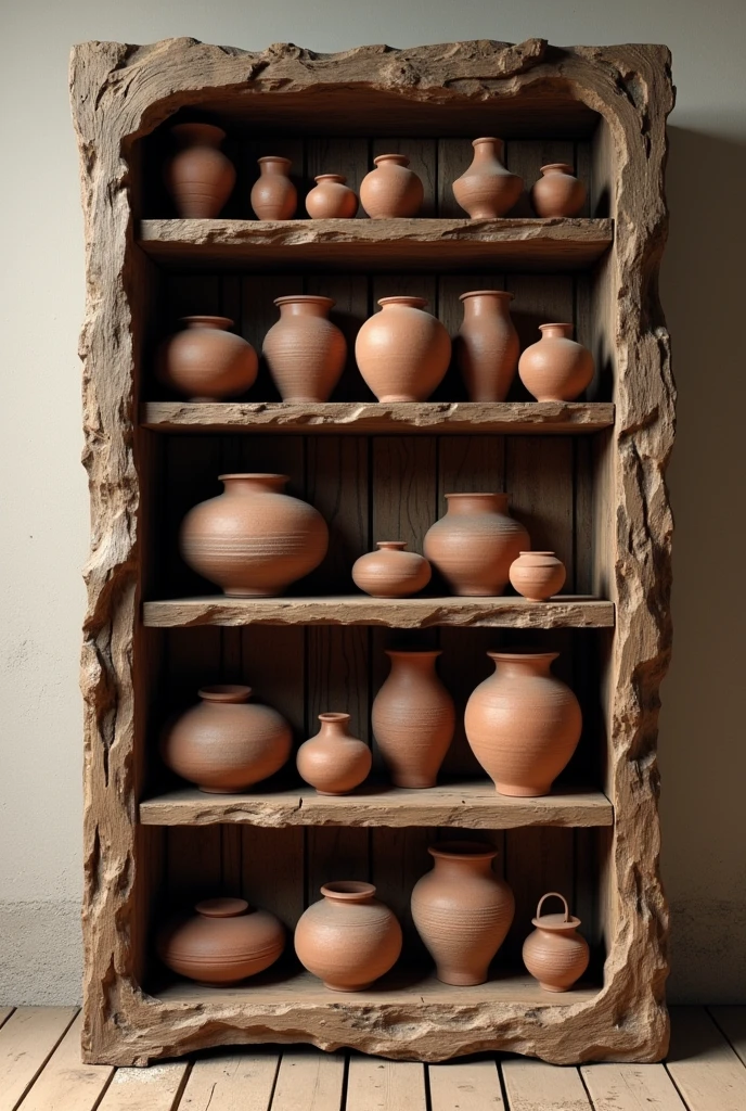 Make a grotesque wooden bookshelf, thick and very old with rudimentary clay pots and jars, place each group of pots on clearly visible shelves.  A worthy presentation as a 3D reference rendered as a 3D reference for creating prop content for 3D scenarios, each item needs to be beautifully rendered and highlighted as 3D props, rendering NVIDIA GEFORCE RTX 3060 global physical illumination Iray Daz Studio 4.2 Pro Render PBR Iray engineer.
