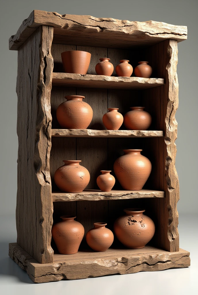 Make a grotesque wooden bookshelf, thick and very old with rudimentary clay pots and jars, place each group of pots on clearly visible shelves. A worthy presentation as a 3D reference rendered as a 3D reference for creating prop content for 3D scenarios, each item needs to be beautifully rendered and highlighted as 3D props, rendering NVIDIA GEFORCE RTX 3060 global physical illumination Iray Daz Studio 4.2 Pro Render PBR Iray engineer.
