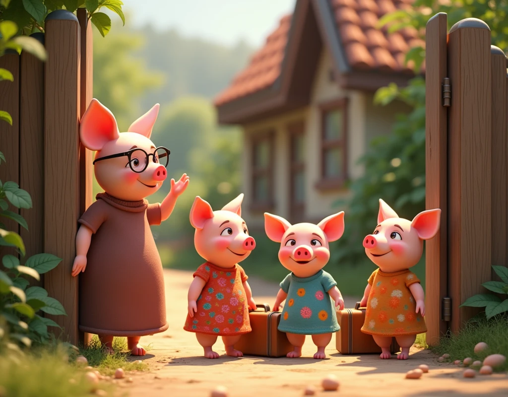 pixar style, 3d, 3 cute happy piglets and 1 mother pig. The mother pig is on the left, wearing glasses and a long dress and waving bye at the gate of the house. The three piglets are of same height on the right side and looking at mother pig and waving bye outside the gate of the house. The piglets are carrying suitcases looking at mother pig and waving goodbye. One piglet is wearing pink dress with white flowers holding a pink suitcase, second piglet is wearing green dress with white polka dots is holding a green suitcase, third piglet is wearing white t-shirt blue jeans and a blue bandana is holding a blue suitcase, game button art, Game illustration, lovely digital painting, artstation for kids art, Official artwork, key art, mobile game art, cover game art, zootopia concept art, (soft lighting:1.3), (green and earthy color scheme:1.3), (highly detailed), (ultra quality:1.3), (masterpiece), (digital art), 8K resolution, HDR, depth of field, (soft shadows), (photorealistic:1.3), (animation:1.2), (by Greg Rutkowski:0.9), (in the style of Alphonse Mucha), trending on ArtStation, award-winning art, 3d style