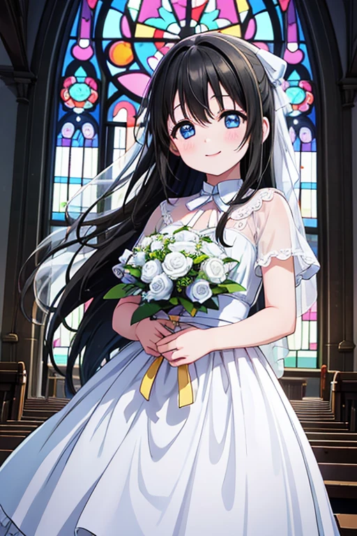 One Girl, Cowboy Shot, High resolution, smile, Highest quality, masterpiece, Black Hair，Hair Ribbon，Long Hair，Straight hair，Blue Eyes，Stained glass，church,Sakurazaka Shizuku i，Pure white wedding dress，bouquet