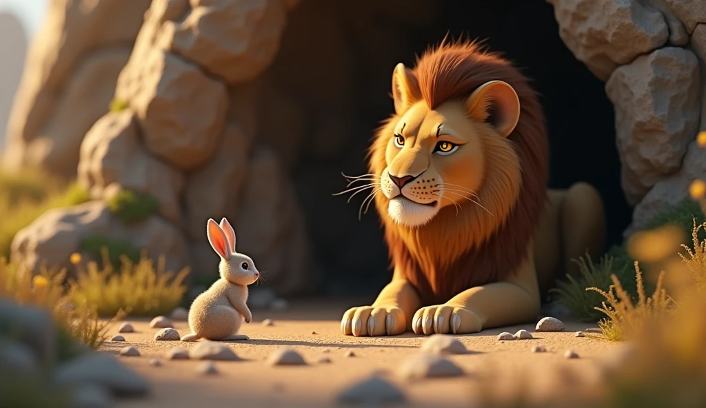 Scene 5: The Rabbit Approaches the Lion

Description: The rabbit is walking slowly towards the lion’s den, deliberately late. The lion, shown with a ferocious expression, waits impatiently, his anger visible. The rabbit, despite its small size, appears confident and unafraid as it approaches the lion.
Focus: The rabbit’s calm demeanor in the face of the lion’s anger..In Cinematic 3d style image 