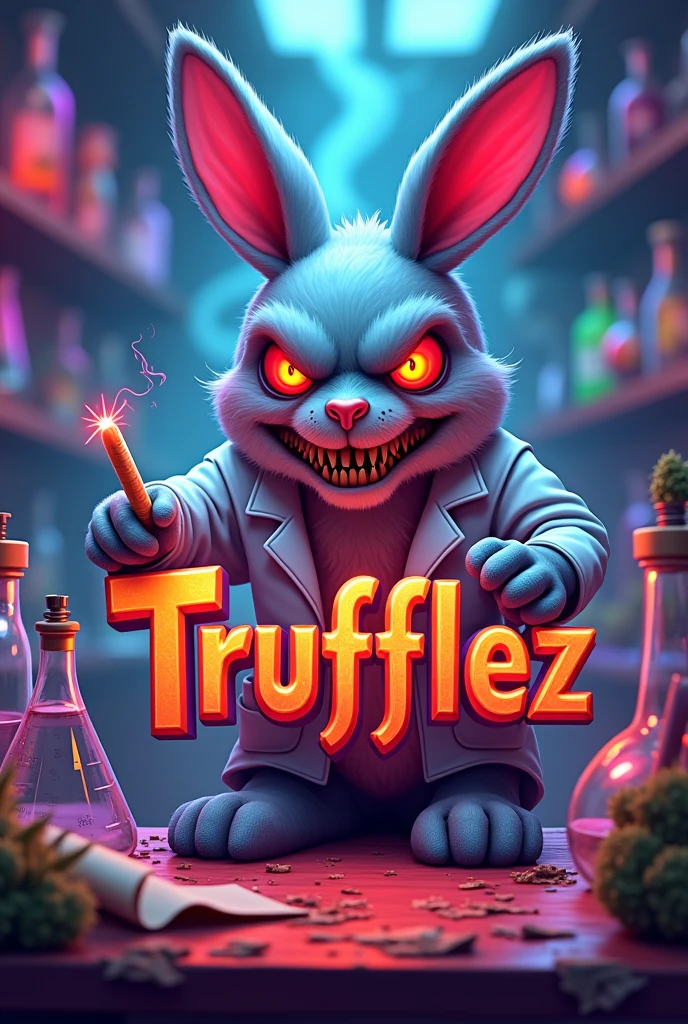 logo name "Trufflez", funky 3D vibrant font, vibrant pink, blue, purple, green colour, science lab vibrant colours background, different stoned scary animal red eyes with lab coats in labs desk making weed strain potions, marijuana, exotic, smoke everywhere, raws rolling paper, lighter, scary stoned mini red eye crazy, sharp teeth bunny cartoon characters testing weed strain in science lab with potions, marijuana, vibrant, high resolution