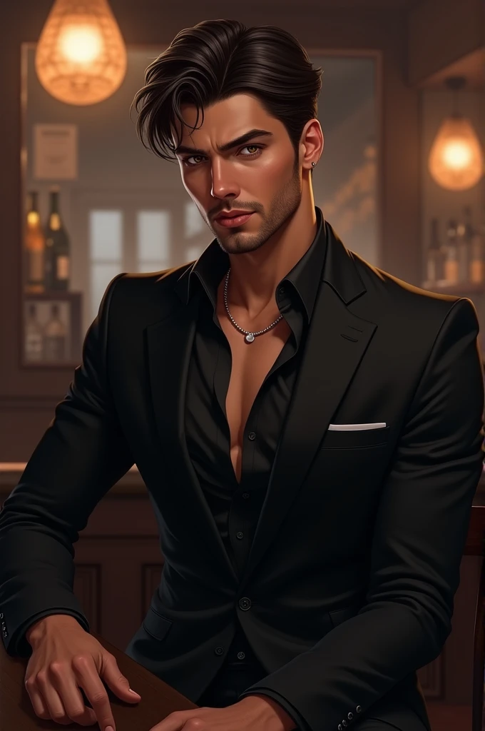 Sitting at the bar casually, black suit dress and dress shirt of the same color, the first buds are open giving a glimpse of your tanned skin. Your hair is cut lower, dark brown... His jaw is defined and even from a distance I can see a thin layer of beard the same shade as his hair... Your eyes are expressive... His lips curve into a smile, a mocking smile,