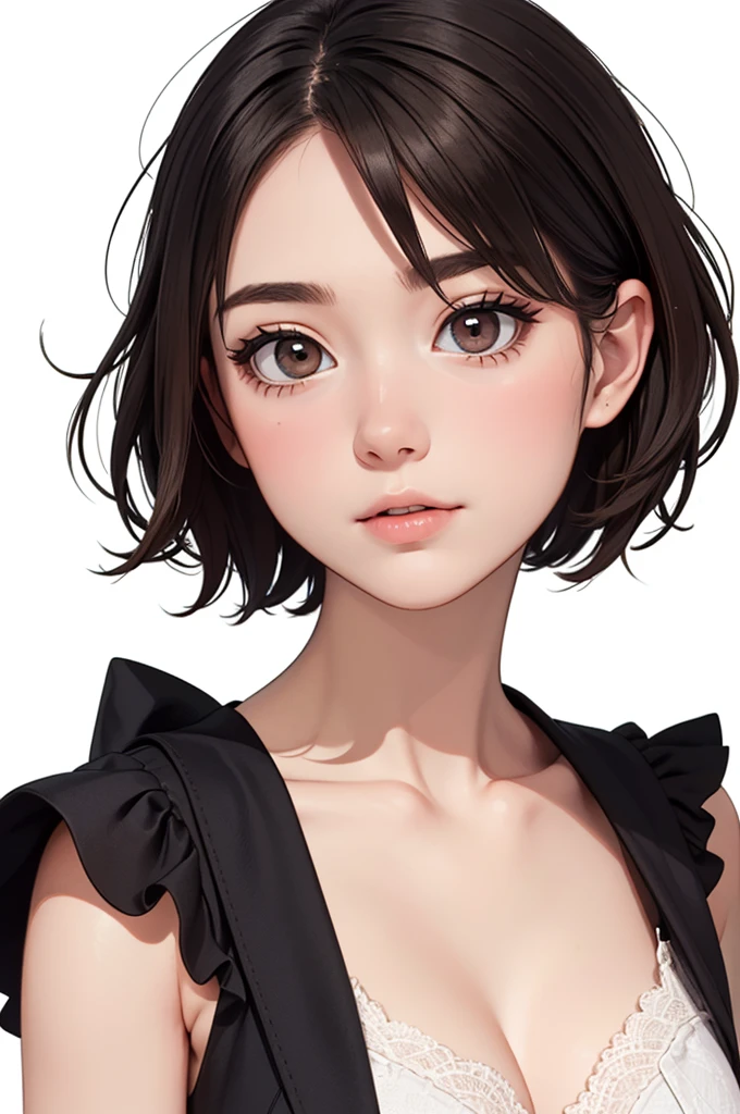 (((masterpiece, best quality, ultra highres, 1 girl, solo, white background))), super detailed skin and face and eyes and finger, beautiful japanese woman, flat breasts:1.5, skinny, light brown hair, very short pixie hair, pixie haircut, cowboy shot, no background, boyish, Various clothes, Various poses, Various facial expressions, draw the entire character within the frame, ensuring that the head, arms and legs are not cut off, with the character positioned centrally,