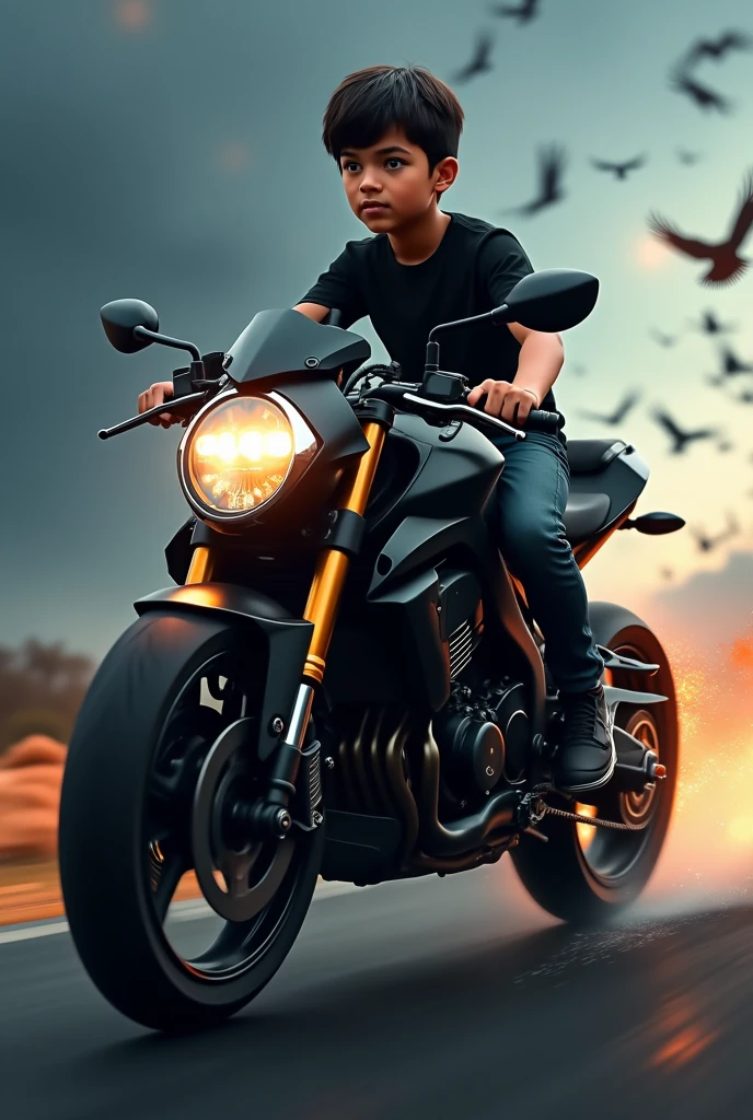 Ek 15 sal ka ladka zx10 mein baitha hua speed 500 plus aur black color ka shirt pahna hua hai background hard mix dark website and flying from birds 

