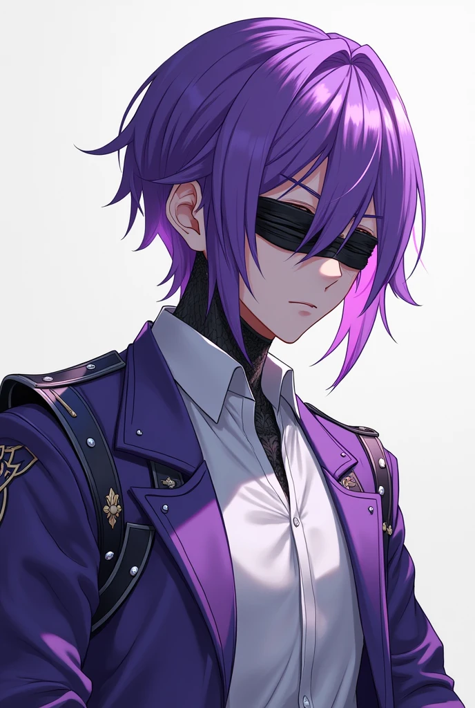 Make me a male anime character, a robot human with eyes covered with black cloth, purple hair, wearing a white shirt, purple jacket
