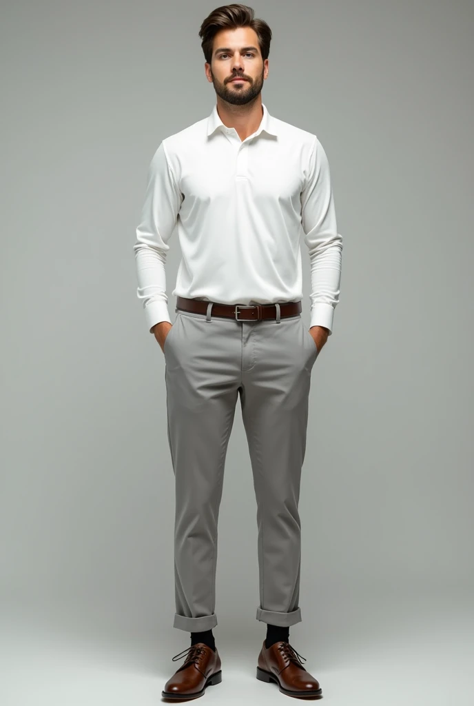 A guy wearing white long sleeve classic polo for office that doesn't tucked in, light gray pants and brown shoes with black socks