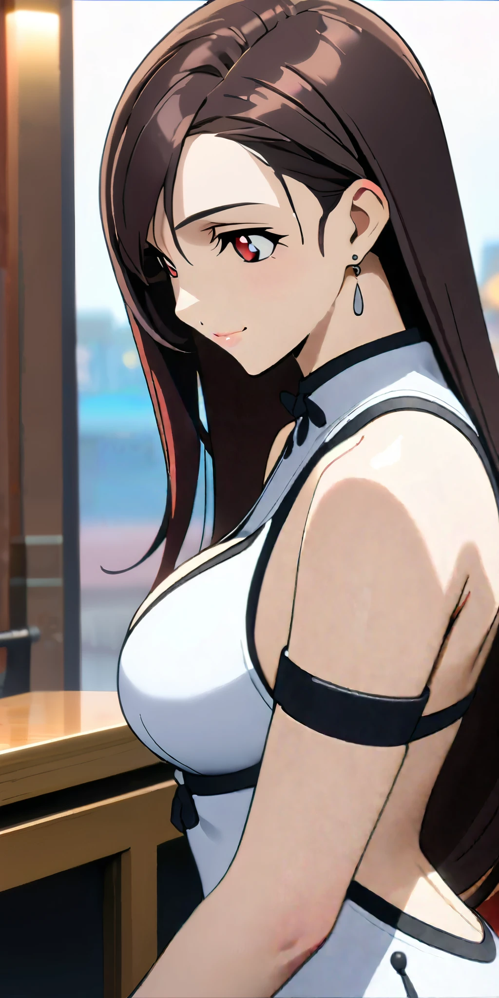 (((((tifa lockhart:1.5))))),((Highest quality、masterpiece、anime style、best quality、high resolution、8k、detailed、ultra-detailed:1.3))、Beautiful woman with perfect figure:1.4、(Smiling:1.2), double eyelid、30-year-old female、((((One Woman,beautiful face,Beautiful face,upper body:1.5)))),Big Breasts、High resolution, accurate, Anatomically correct, High-resolution model, high quality, Very detailed, Ultra high definition、Black Hair、Straight Hair、Long Hair、cabaret girl, hostesses,Luxury Lounge、(((backless white dress)))