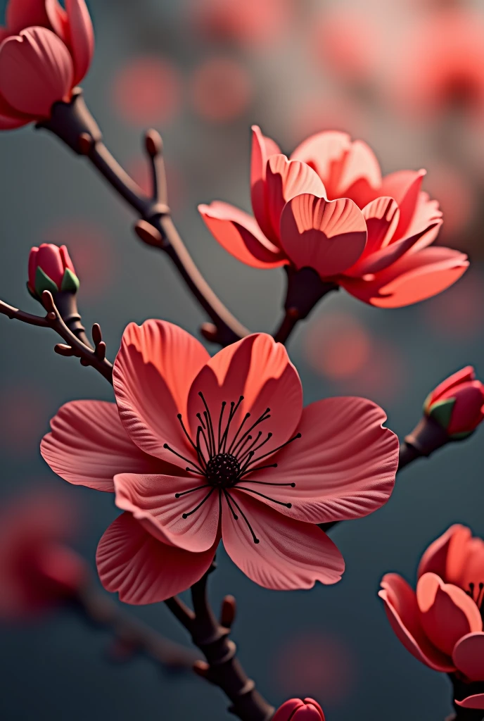 Red plum blossoms,Very beautiful digital art,Soft and beautiful light,Cold background,black