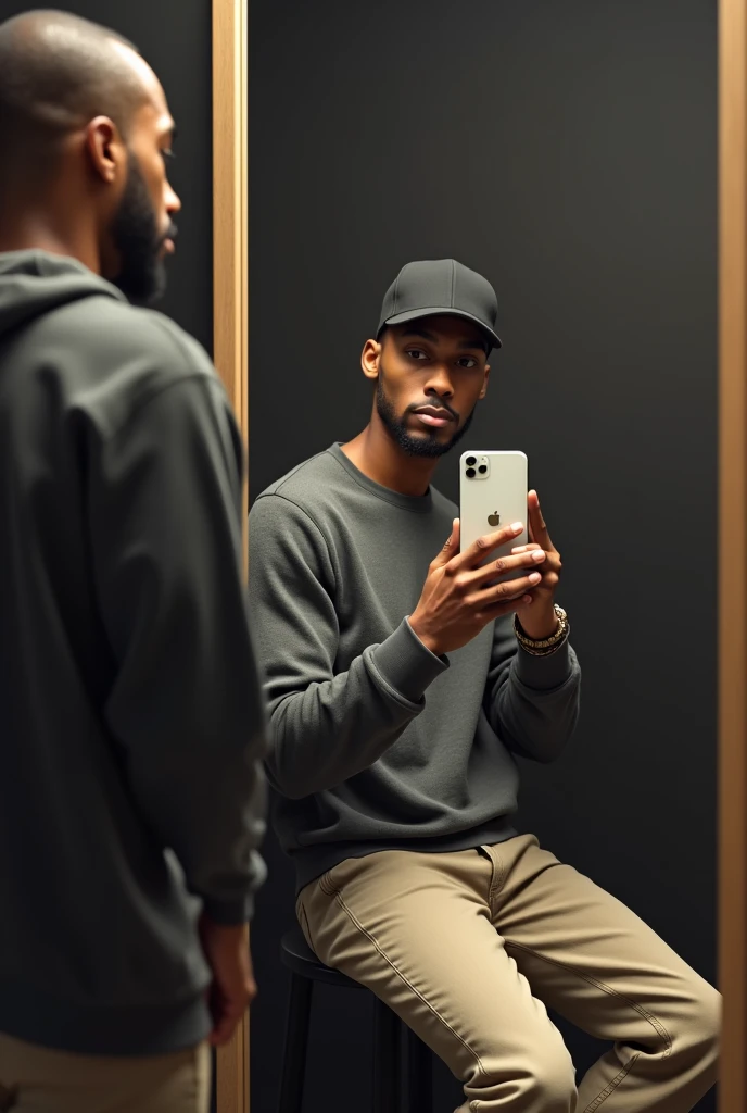 best qualityer:1.4), (ultra high resolution:1.2), (photorrealistic:1.4), (8k, CRU photo:1.2), a thin young man of 20 years old, skin black, with a smooth, beardless face, corte de cabelo buzzcut, He's wearing a black cap. He&#39;s wearing a gray sweatshirt. He is wearing beige jeans.  He is sitting on a black chair inside a fitting room. Taking a photo in the mirror with an iPhone 15 with a white case. A thin person. He is looking with a seductive face 