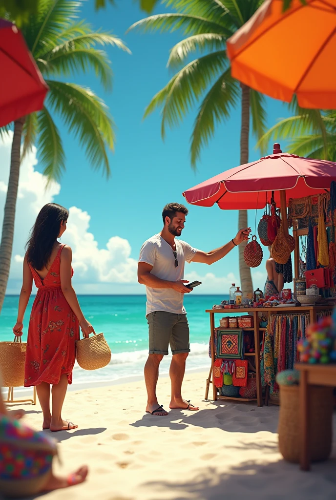 White person in Playa del Carmen trading on the beach 