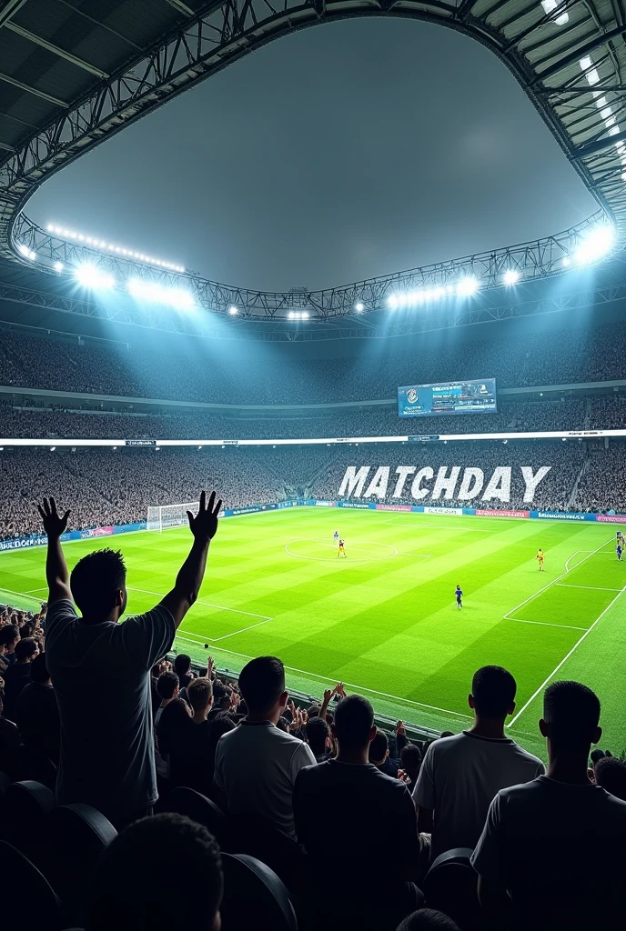 a stadium with fans dressed in black and white and on the soccer pitch is the word Matchday.