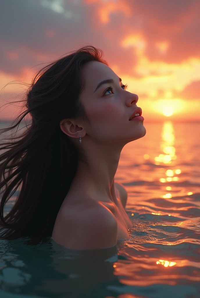 A real beautiful young girl only face mermaid looking up sky ina sun set in a sea