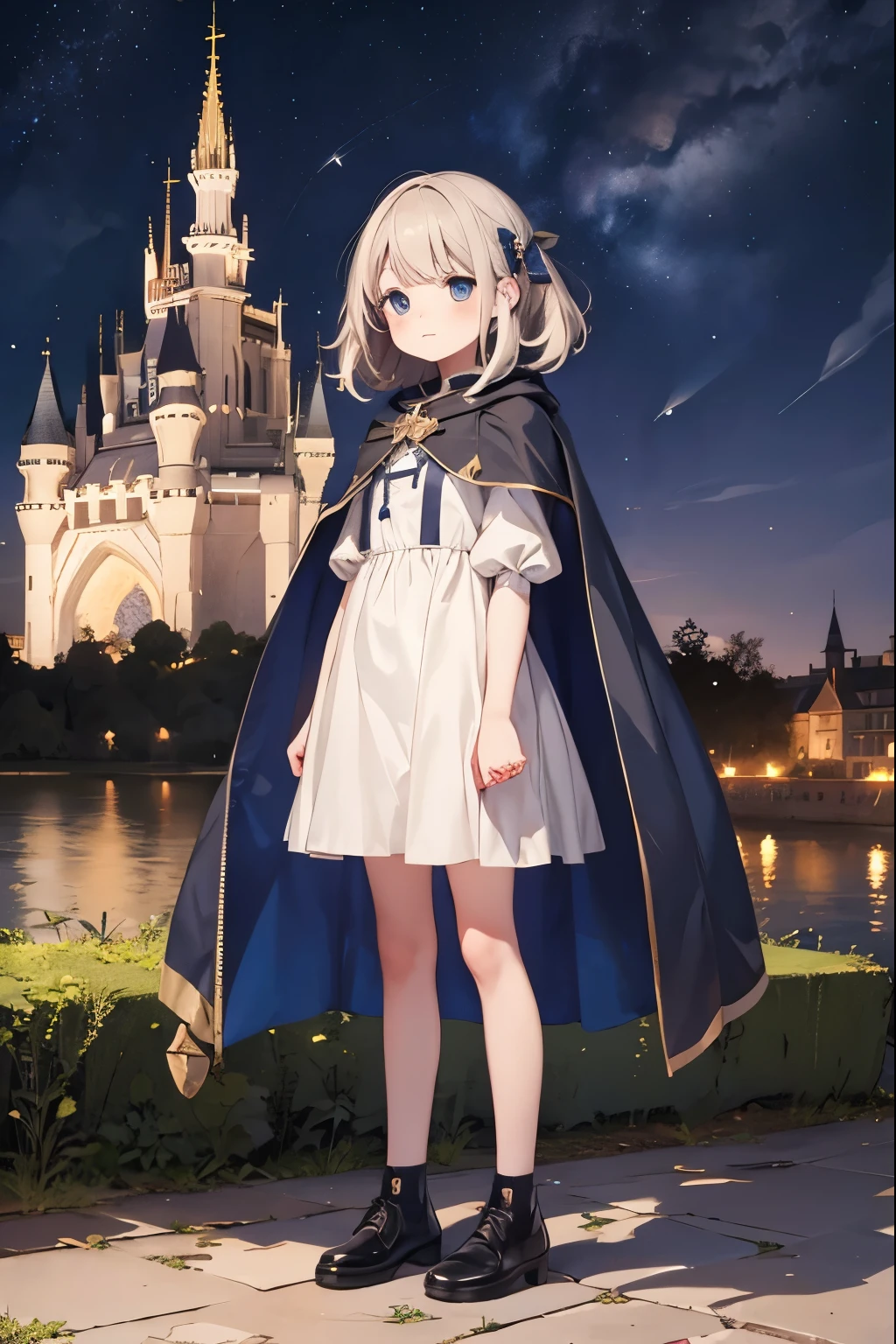 night sky, castle,  1girl, standing, solo, full body, , maribe, puffy short sleeves,  cape, bag