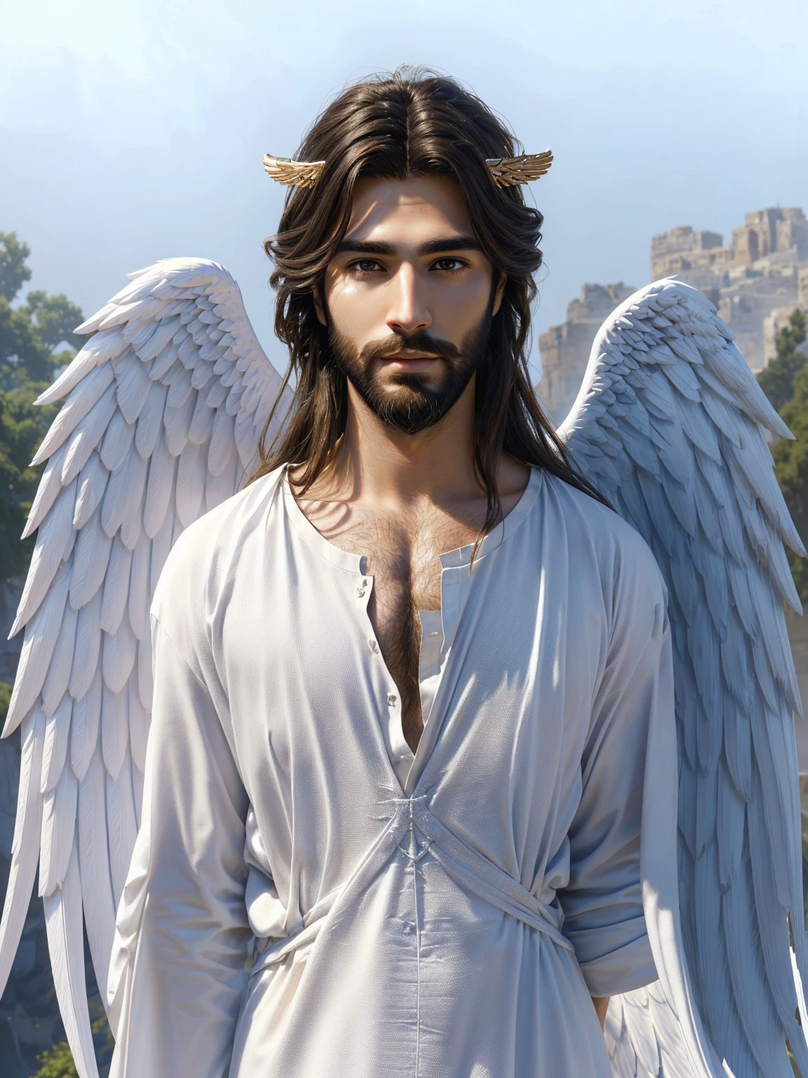 arafed male with long hair and a beard and a white shirt, full - body majestic angel, male with halo, handsome stunning realistic, epic angel wings, biblical accurate angel, winged human, angelic face, angelic, young wan angel, with wings. ultra-detailed, angelic wings, male character, massive angel wings, grand angel wings, wearing angel