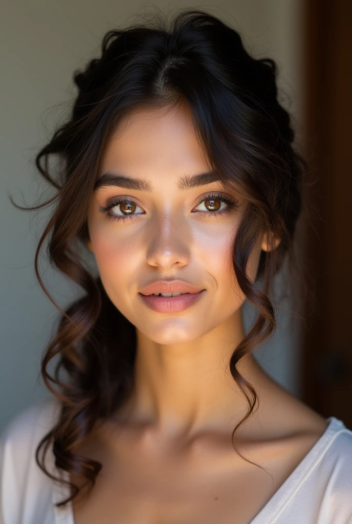 Punjabi girl with shiny brown eyes and no makeup and with one side curly hairstyle