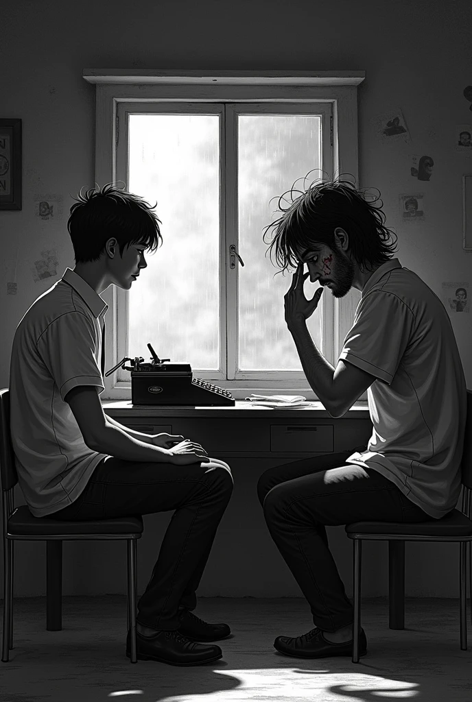 A b&w image of two men, sitting facing each other in a dimly lit dilapidated writing room. The one answering the questions in 2, with messy long hair that almost covers his face and dark eyes and looks horrified of something. He has cuts on his face. The one asking him is 1 with short hair. There is no light in the room and it's night. There is a typewriter behind them and they are sitting on couches with a window behind the scared man's back. The room has pictures hung on the wall that are torn. The scared man is wearing a dirty shirt and has blood on his hands. The other man is a college student. The scared man has no beard. The typewriter is lit in shadows. It is raining outside. The scared man is on the verge of crying and his face is half covered by his hair but the cuts on his hands are visible and bleeding. The pictures are of the man himself but scratched of torn