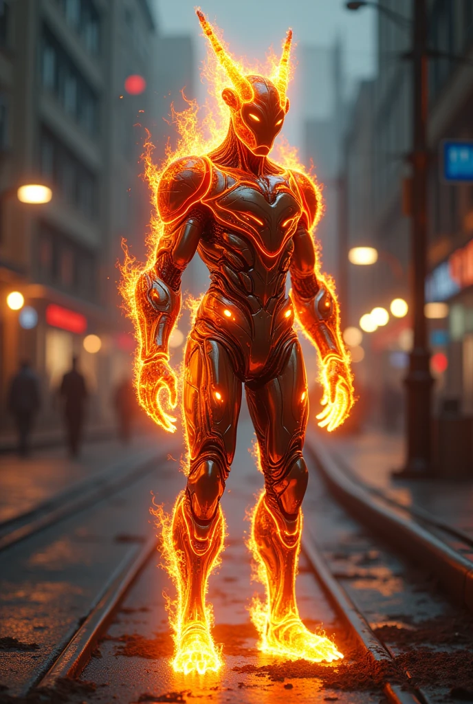 A fire human bug with a cyborg glossy costume standing on a lighting street