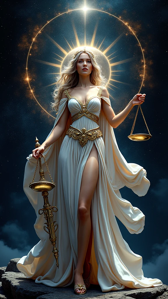 obra maistra, Best Quality, ultra detailed, 8k, Alta risolución, photorealistic, Greek mythology, fancy, legendary existence, Mythical world, meditation, symmetrical, Divine Halo, magic circle, Eclipse solar, nebula, alone, incredibly beautiful woman, beautiful face, A smile that brings peace to people., "In Aphrodite", full body shot, precioso vistido intrincadamente detallado, golden ornaments, white cloak, una dama sosteniendo una balanza y una ispada en su mano, Greek Titan goddess Themis, by Pablo Munoz Gomez, justice, zodiac Libra sign, by László Balogh, by Nicolas Marsicano, Libra, pound symbol, is. Alejandro Kucharski, is. Eugeniusz Zak, by Ignacio Zuloaga, "Una abogada reprisentada como la Diosa de la Justicia.. Está vistida con un vistido de diosa guerrera griega, Dark grey tailored greek suit with a white blouse, standing confidently. She is wearing a blindfold, symbolizing impartiality, y sostiene un par de balanzas tradicionalis en una mano y un libro en la otra. Su exprisión is tranquila y decidida.... El fondo muistra el Olimpo de los diosis
