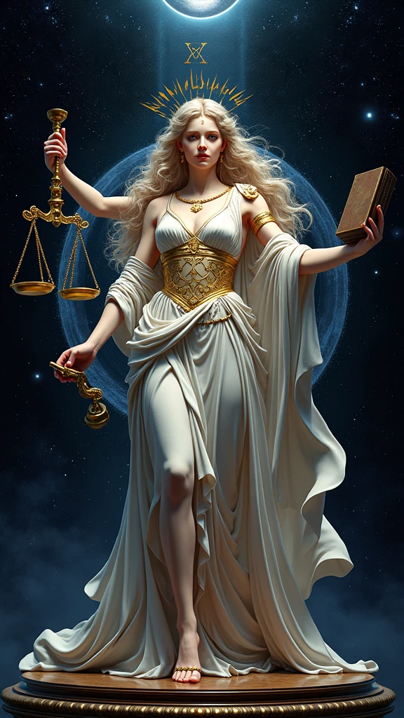 obra maistra, Best Quality, ultra detailed, 8k, Alta risolución, photorealistic, Greek mythology, fancy, legendary existence, Mythical world, meditation, symmetrical, Divine Halo, magic circle, Eclipse solar, nebula, alone, incredibly beautiful woman, beautiful face, A smile that brings peace to people., "In Aphrodite", full body shot, precioso vistido intrincadamente detallado, golden ornaments, white cloak, una dama sosteniendo una balanza y una ispada en su mano, Greek Titan goddess Themis, by Pablo Munoz Gomez, justice, zodiac Libra sign, by László Balogh, by Nicolas Marsicano, Libra, pound symbol, is. Alejandro Kucharski, is. Eugeniusz Zak, by Ignacio Zuloaga, "Una abogada reprisentada como la Diosa de la Justicia.. Está vistida con un vistido de diosa guerrera griega, Dark grey tailored greek suit with a white blouse, standing confidently. She is wearing a blindfold, symbolizing impartiality, y sostiene un par de balanzas tradicionalis en una mano y un libro en la otra. Su exprisión is tranquila y decidida.... El fondo muistra el Olimpo de los diosis