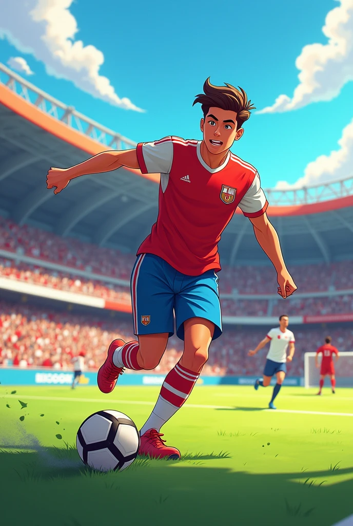 Cartoon of a 20-year-old man playing football in a stadium