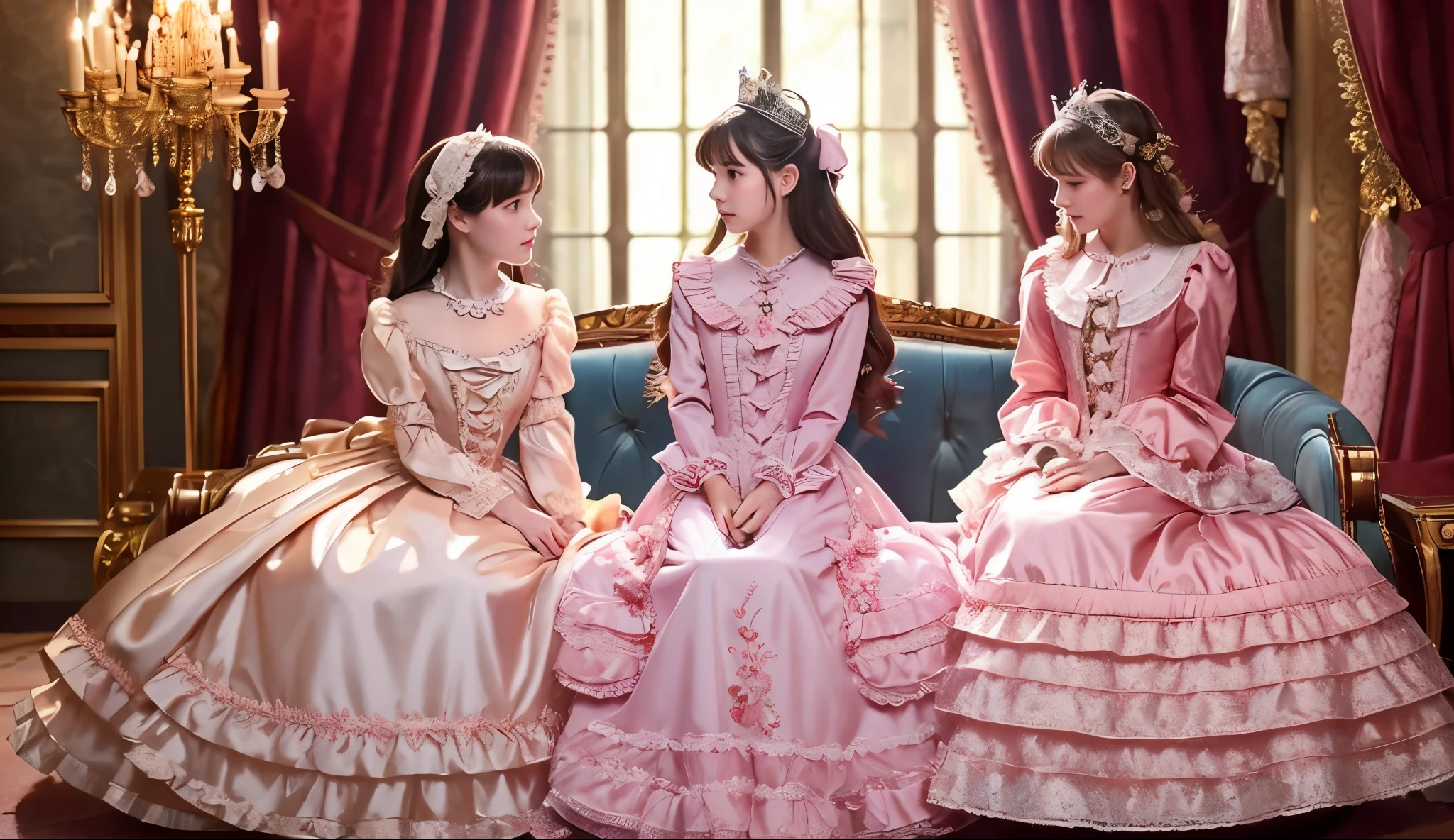 highest quality, masterpiece, highest resolution, artwork, super be familiar with, many detailed, detailed, be familiar with, woman, ,two girls are princesses,pink victorian dress,long sleeve,long dress,Dress with lots of frills and ribbons,luxury