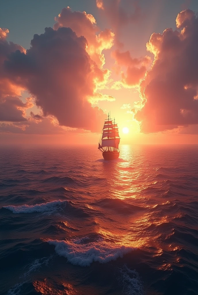 Amazing sea views, Beautiful sunrise over the wide ocean, A sailing ship gliding towards the first rays of sunlight, Dramatic sky colors, Very detailed, Realistic, photoRealistic, High resolution, Cinema Lighting, Dramatic atmosphere, Dramatic ocean waves, Dramatic clouds, masterpiece, Very detailed, Vibrant colors, Golden Hour, Mysterious, Calm, Calm海, Atmospheric, grow, Breathtakingly beautiful, Awe-inspiring, Sunrise time