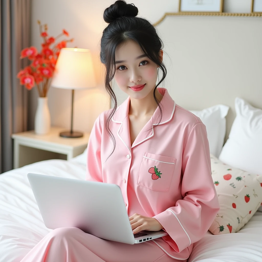 Beautiful Korean Women , smooth white skin, well-groomed face,black hair, bun up Korean style, wearing long pink pajamas , strawberry fruit motif ,posing sitting on a luxurious bed, name logo motif pillow (feel, )eyes looking at camera,smiled faintly, while holding an iPhone laptop,bright white room color, Background, very luxurious room ,there is a display of photos of beautiful girls wearing pink hijab, orange red orchid flower. 