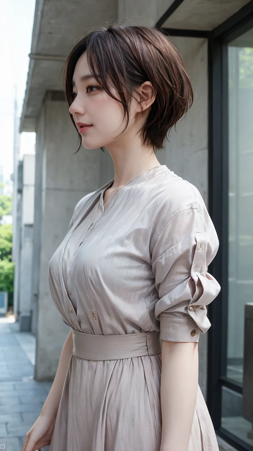 Realistic、masterpiece、Highest quality、Highest quality、8k、RAW Photos、Cinema Lighting、Strong sunlight、dazzling、little sweat、Very cute one、Short hair up to ear length、Brush your hair back、Moisturized hair、Her hair is swaying in the wind from the front.、Background seen from the road、Upper Body、Photo of your face、profile、Staring at the audience、Clothes to wear on a very hot day、Laughter、The depth of the written world、Wide Light、High Contrast、Shine、chromatic aberration、Sharp focus、Raw color photography