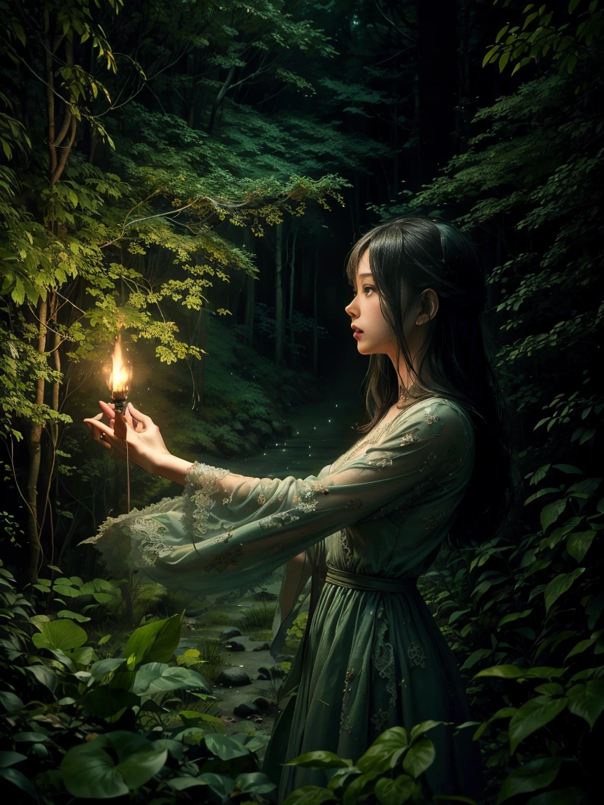 （（（In 8K. ＨＤＲ.Hyperrealism、Masterpiece 1.2、wlop1、Cinematic、Detailed content、Live Photo 1.2, Highest quality 1.2、 Very detailed、Very detailed、Perfect Shading、Low angle full body shot 1.2、1 photo、Artistic photography、Artistic photography、Commercial Photography 1.2、50mm 、Film Grain、）））. （Lace dress、Countless firefly floating in the air、）、（Thai women、20 years）、（Five Fingers）、(Focus on the characters、Blur the background、Midnight Shooting), （In the dark forest、Deep in the forest at night、Spooky atmosphere、Beksiński-style background&#39;Paintings of、fear、Insanity）、 （Shade lighting、Standing position、Angle from the front、Take a full body photo)、（Big breasts 1.2）、（White skin、Realistic Skin、Hairy skin）、（Black Hair、Short Bob、bangs）