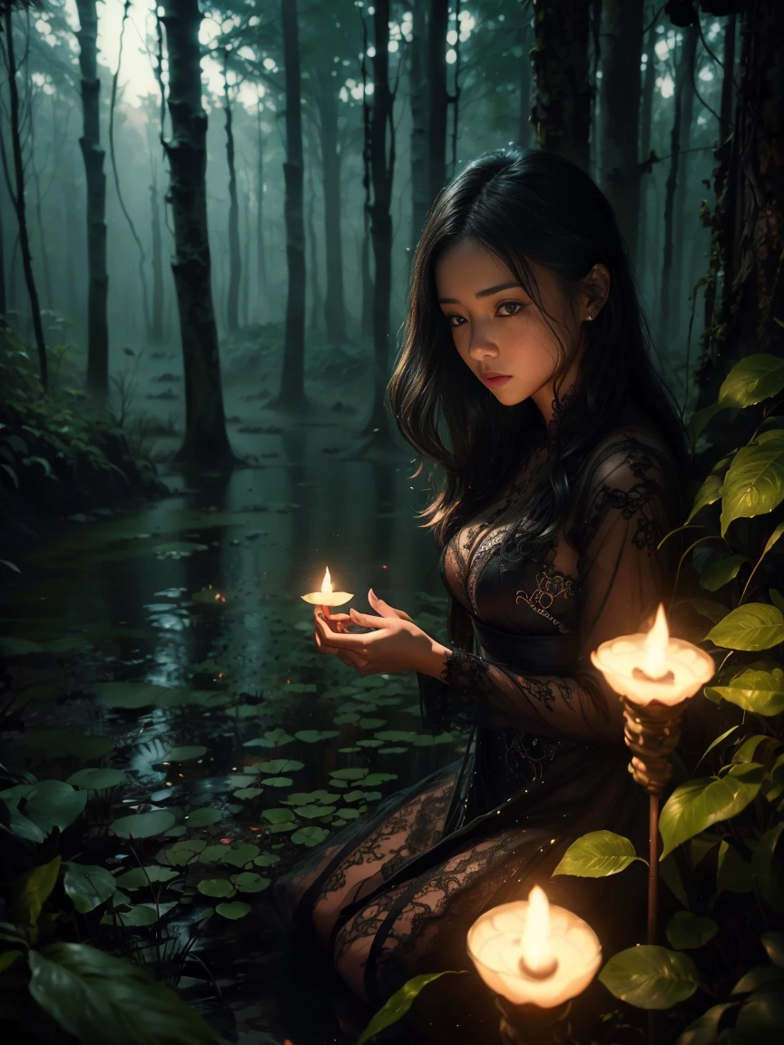 （（（In 8K. ＨＤＲ.Hyperrealism、Masterpiece 1.2、wlop1、Cinematic、Detailed content、Live Photo 1.2, Highest quality 1.2、 Very detailed、Very detailed、Perfect Shading、Low angle full body shot 1.2、1 photo、Artistic photography、Artistic photography、Commercial Photography 1.2、50mm 、Film Grain、）））. （Lace dress、Countless firefly floating in the air、）、（Thai women、20 years）、（Five Fingers）、(Focus on the characters、Blur the background、Midnight Shooting), （In the dark forest、Deep in the forest at night、Spooky atmosphere、Beksiński-style background&#39;Paintings of、fear、Insanity）、 （Shade lighting、Standing position、Angle from the front、Take a full body photo)、（Big breasts 1.2）、（White skin、Realistic Skin、Hairy skin）、（Black Hair、Short Bob、bangs）