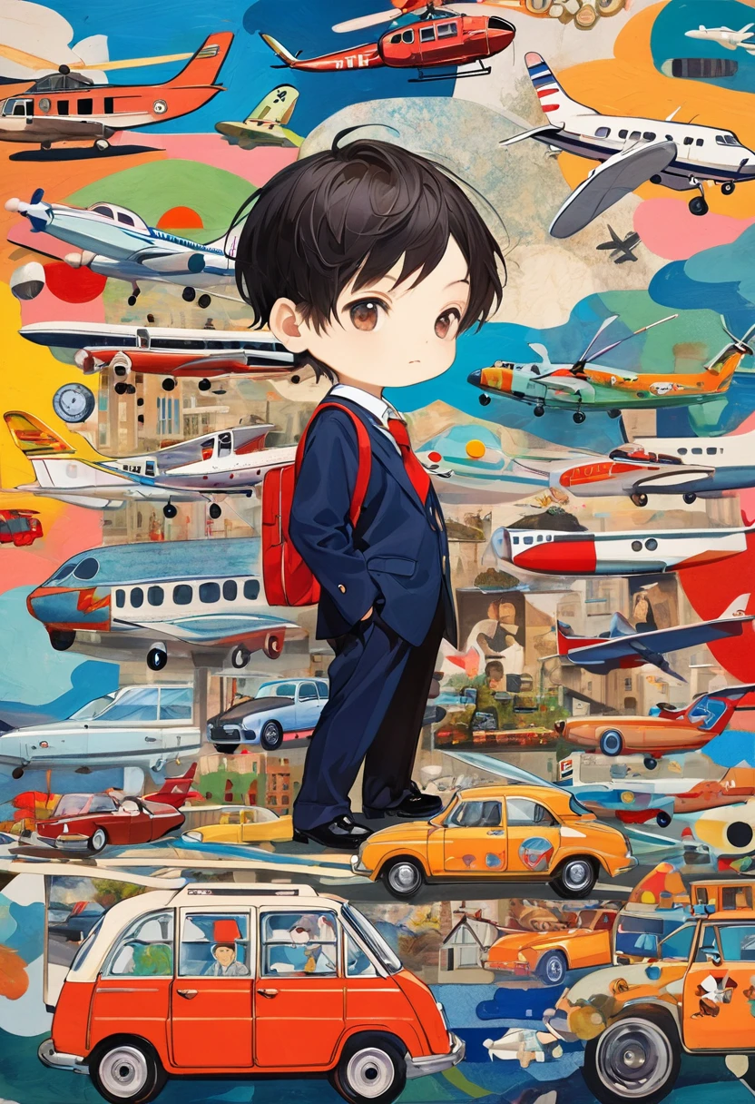 (masterpiece, best quality),
woodblock print collage depicting,chibi,chibi-boy,side view,he is surrounded by airplane and car symbols,boy's school-uniform,helicopter, rocket,colorful, collage art, contemporary artistic collage,